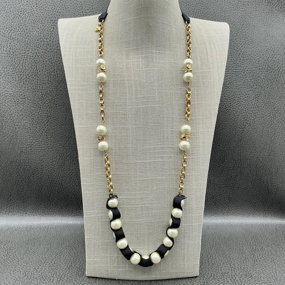 J.Crew Pearl Ribbon Chain Statement Necklace Womens Gold Tone Rhinestone Tie
